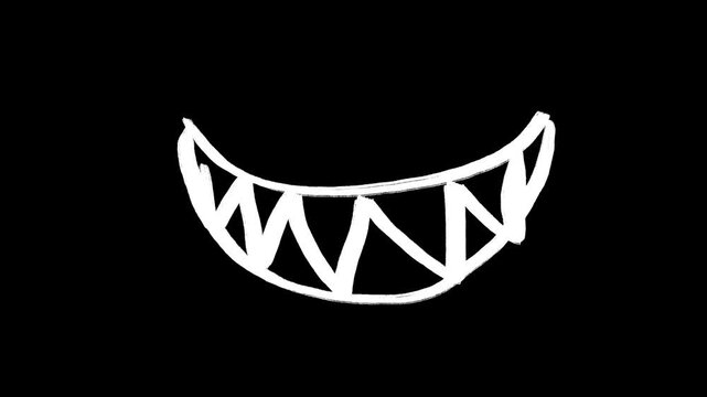 Animated Hand Drawn Mouth with Teeth, White Scribble Joker Smile on Black Background. Doodle and Sketchy Style, Halloween, Horror, Creepy, Scary, Monster, Emotion, Expression.
