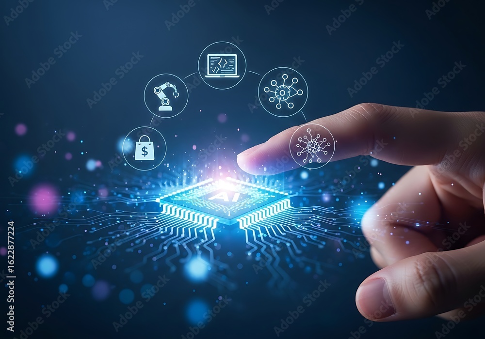 Poster hand activating ai microchip; futuristic technology, network, e-commerce, automation, data analysis,