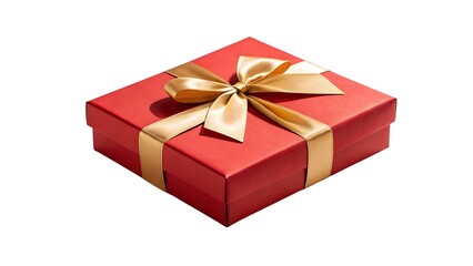 Obraz premium A bright red gift box with a golden ribbon and bow isolated on a white background