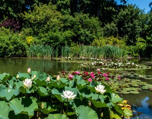 Sunlit Water Lilies and Lily Pads on a Teal Pond