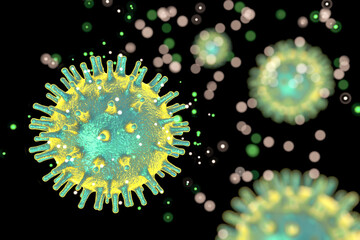 Human pathogenic viruses, 3D illustration with realistic particles and bokeh background, representing viral infections and transmission pathways.
