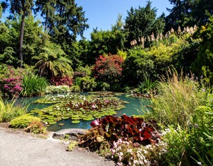 Sunlit Water Lilies and Lily Pads on a Teal Pond