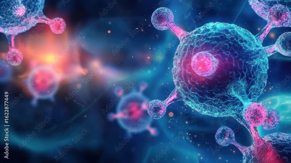 Poster a highly detailed digital rendering of a microscopic virus cell surrounded by a vibrant futuristic b