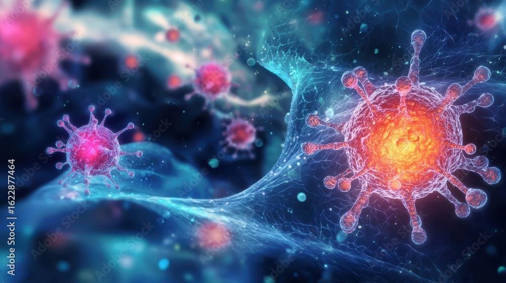 Poster detailed microscopic rendering of intricate virus cells and complex biological structures against a 