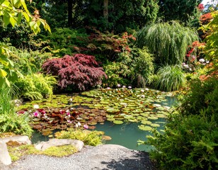 Sunlit Water Lilies and Lily Pads on a Teal Pond