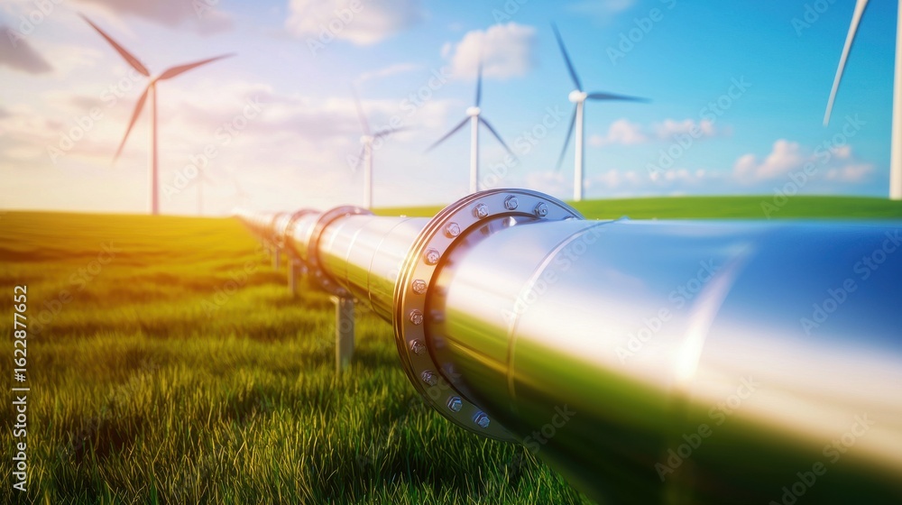 Poster scenic view of wind turbines generating renewable energy alongside a pipeline infrastructure in a se