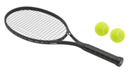 Black tennis racket with yellow balls isolated on a transparent background