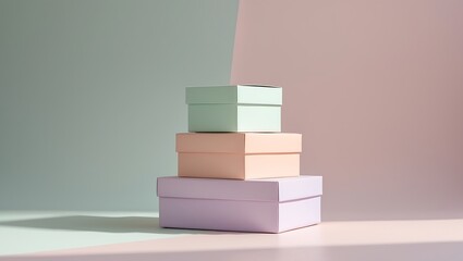 Three pastel colored gift boxes stacked neatly against a soft dual tone background