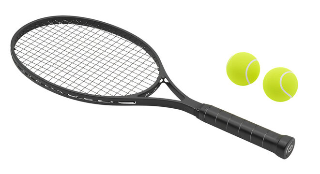 Black tennis racket with yellow balls isolated on a transparent background