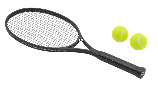 Black tennis racket with yellow balls isolated on a transparent background