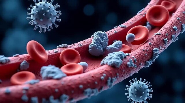 Dynamic detailed animation of blood cells, virus, and platelets in blood vessel for educational medical use