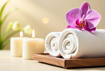 Spa still life with orchid flower and burning candle for relaxation and wellness