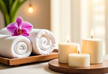 Spa still life with orchid flower and burning candle for relaxation and wellness