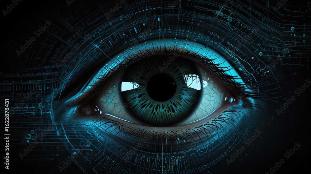 Poster close-up of a human eye with digital circuit patterns overlayed, creating a futuristic, technologica