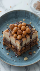 Decadent Chocolate and Biscuit Cheesecake Slice Topped with Macadamia Nuts and Drizzled Chocolate