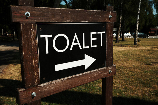 Wooden sign reading TOALET with arrow, located in a park in Palic, Serbia. Directional toilet sign in Serbian