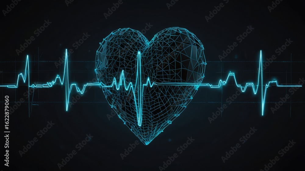 Poster a digital representation of a heart and its rhythmic electrical activity displayed in blue.