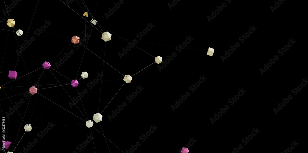 Poster colorful 3d cubes linked by lines, representing network, connection, or data flow.