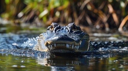 Obraz premium Captivating Portrait of an Alligator Emerging from the Murky Waters