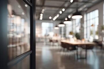 Interior view of a modern open-plan office space, seen through a dark glass door.  Blurred background shows a large room with desks, tables, and pendant lights