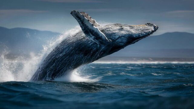Whale leaping from calm sea with reflection