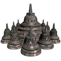 3d cartoon borobudur temple with multiple stone stupas, layered terraces.