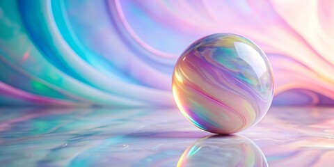A lustrous orb rests upon a reflective surface, surrounded by pastel swirls of iridescent light, creating a dreamy, ethereal scene.