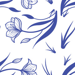 Elegant blue floral seamless pattern with hand-drawn flower and leaf outlines on a white background. Perfect for textile, packaging, stationery, or modern decorative designs.