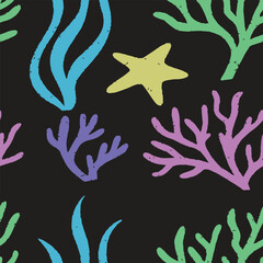 Colorful hand-drawn sea life pattern with coral, seaweed, and starfish on a dark background. Ideal for ocean-themed designs, textiles, or playful underwater illustrations 
