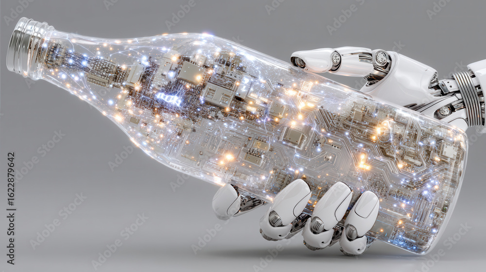 Aufkleber conceptual close-up of a futuristic smart bottle with a holographic nutrition interface held by a ro