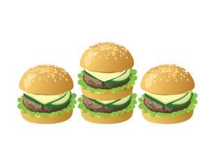 Three Small Burgers with Green Buns - Vector Illustration