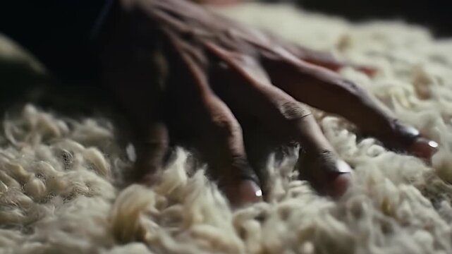 Hand Gently Pressing into White Woolen Surface Highlighting Softness and Texture