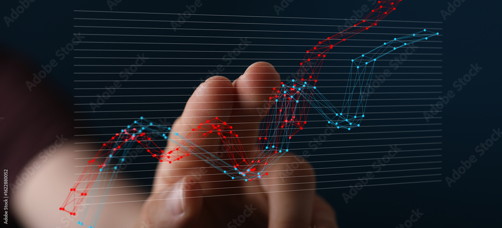 Poster stock photo of a hand interacting with a digital graph showing upward trends and data analysis.