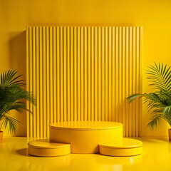 Vibrant Yellow Product Display Platform with Tropical Plants and Textured Backdrop for Modern and Eye Catching Marketing Campaigns and Presentations