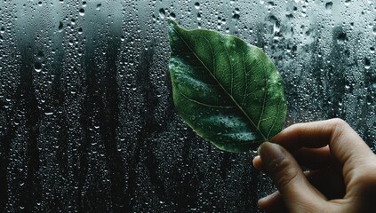 A vibrant green leaf held against a rain-streaked window