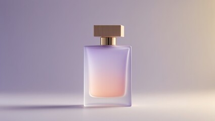 Elegant glass perfume bottle with gradient color and golden cap on a soft pastel background