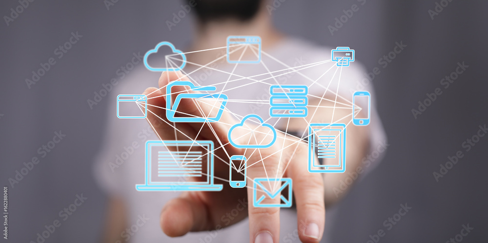 Poster image of interconnected devices, illustrating cloud computing, data sharing, and network technology.