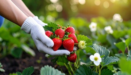 A person wearing gloves harvests ripe strawberries from a flourishing garden, showcasing fresh produce.