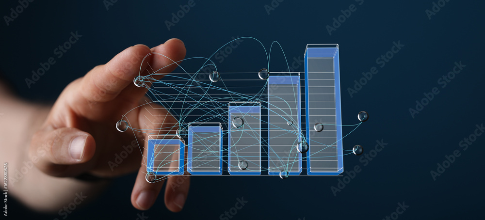 Aufkleber hand interacting with a 3d bar chart, visualizing data growth and connections.