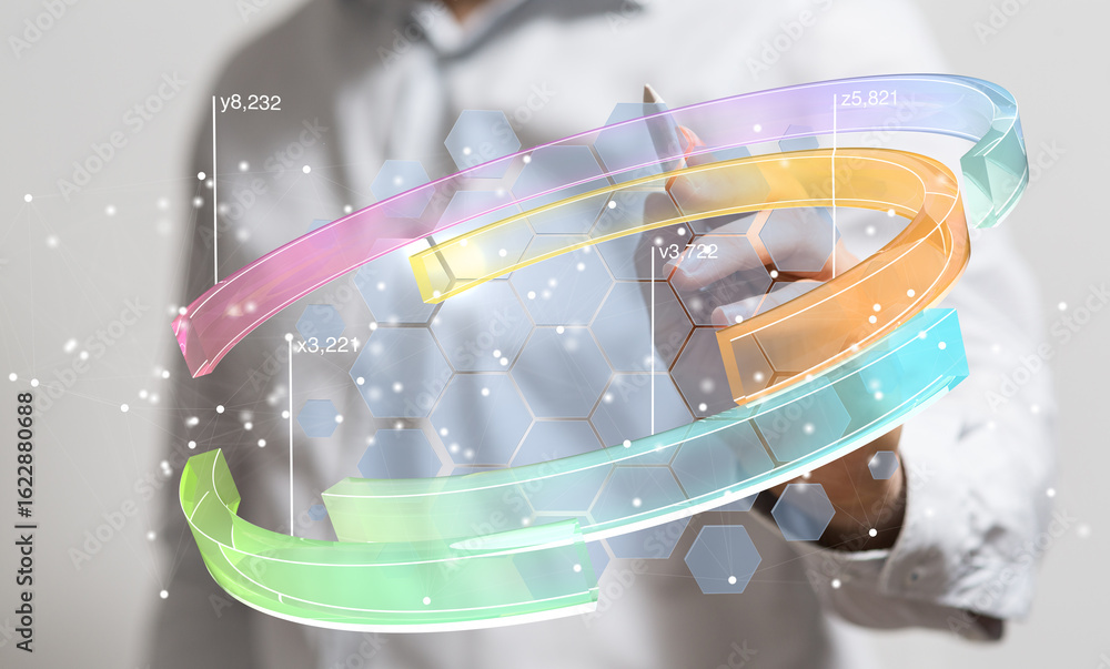 Poster stock photo of a businessman using interactive technology to analyze data growth and trends.