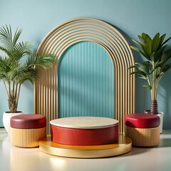 Elegant Product Display Podium with Golden Arch and Tropical Plants for Luxury Branding and Cosmetic Presentation in a Modern Studio Setting