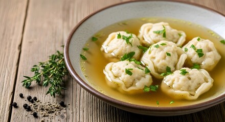 A bowl of dumplings in a light broth, garnished with herbs, on a wooden table with scattered peppercorns. AI Generated