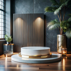 Elegant product display podium with white and gold accents set against a modern dark grey wall with plants and soft lighting for luxury