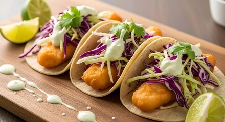Three tacos with fried fish, purple cabbage, and green leaves on a wooden board with lime wedges nearby AI Generated