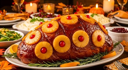 A glazed ham with pineapple rings and cherries, surrounded by festive dishes and candles on a holiday table. AI Generated
