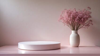 Minimalist product display stage with delicate pink floral arrangement in a white vase