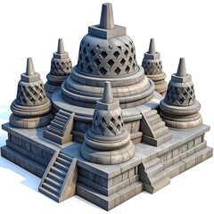 3d cartoon borobudur temple with multiple stone stupas, layered terraces.