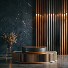 Elegant Product Display Podium with Marble Backdrop and Golden Accents for Luxury Branding and High End Cosmetic Presentation in a Sophisticated Setting