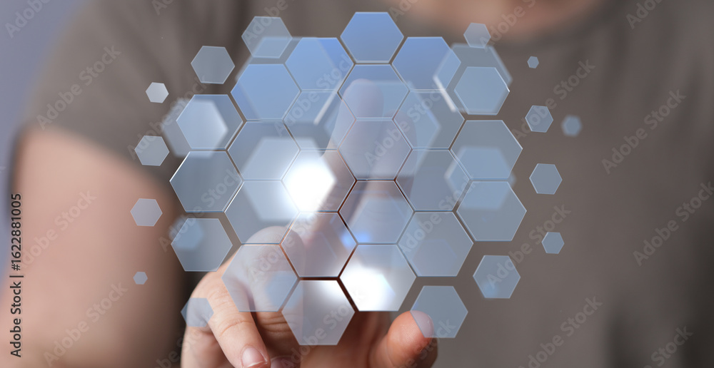 Poster abstract image of hand interacting with a digital interface. modern technology concept.