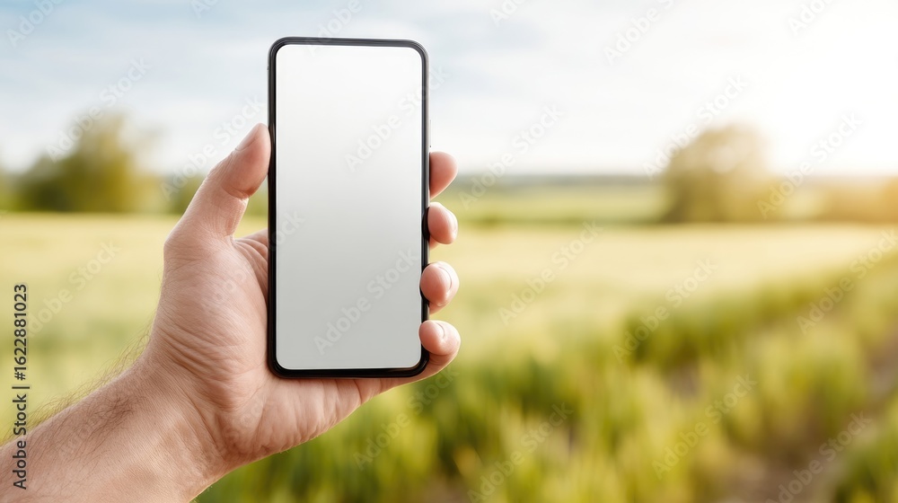 Poster Smart Device in Focus: A close-up shot features a hand holding a modern smartphone, showcasing the device's sleek design with a blank screen. The image sets a field backdrop